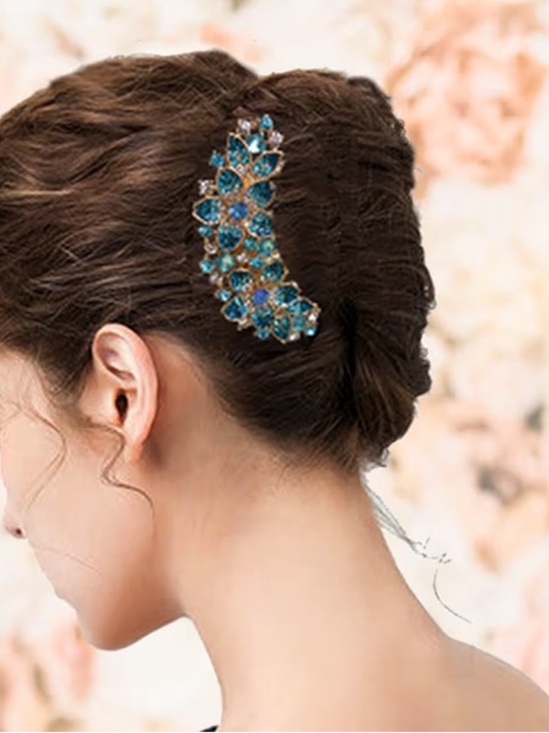 Gold-Tone Floral Crystal Hair Comb - Blue